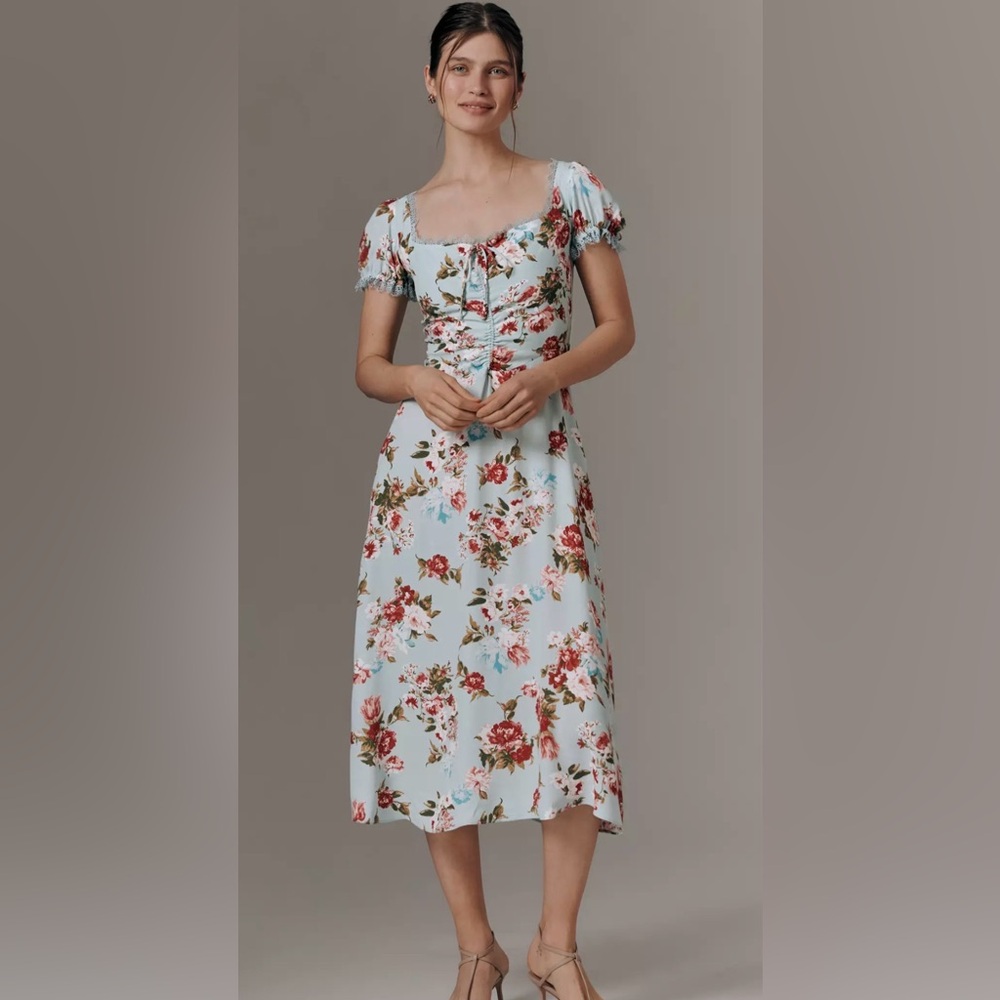 Anthropologie Light Blue Floral Puff-Sleeve Midi Dress